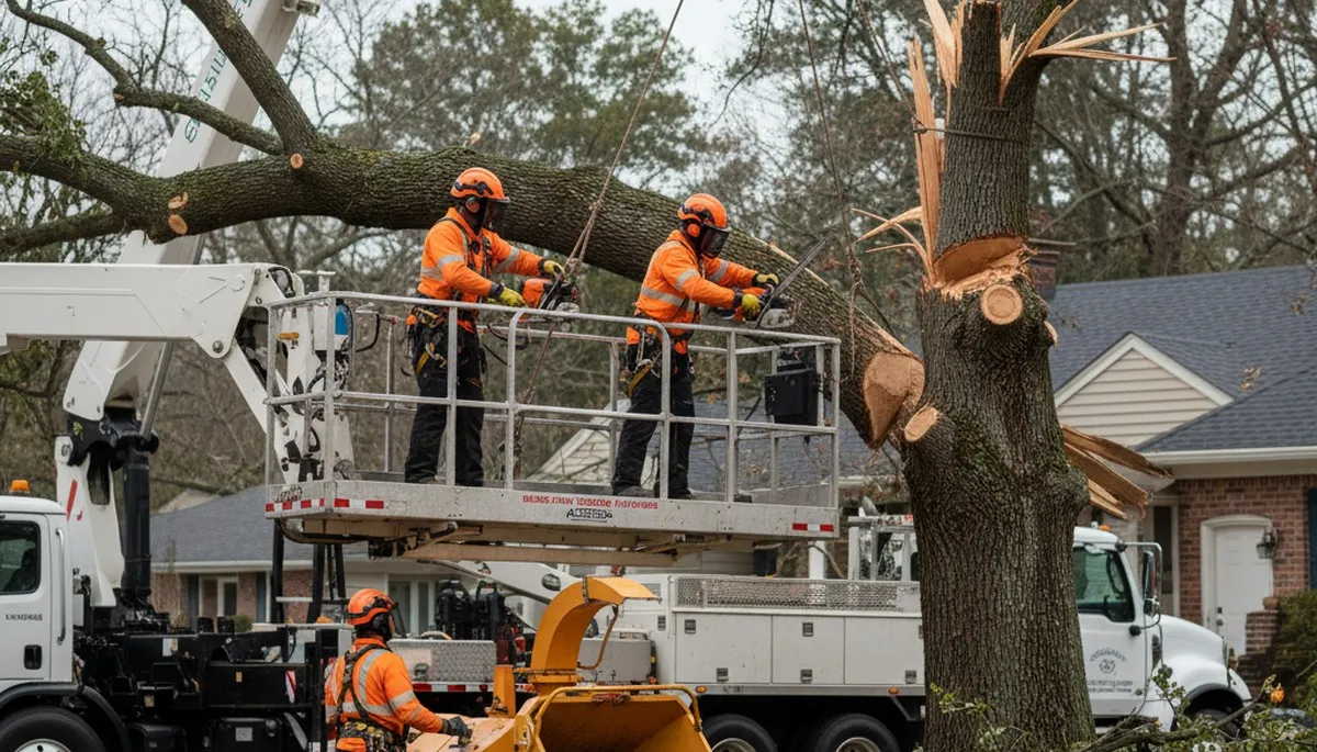 Andover, MA tree service crew removing storm-damaged tree near home