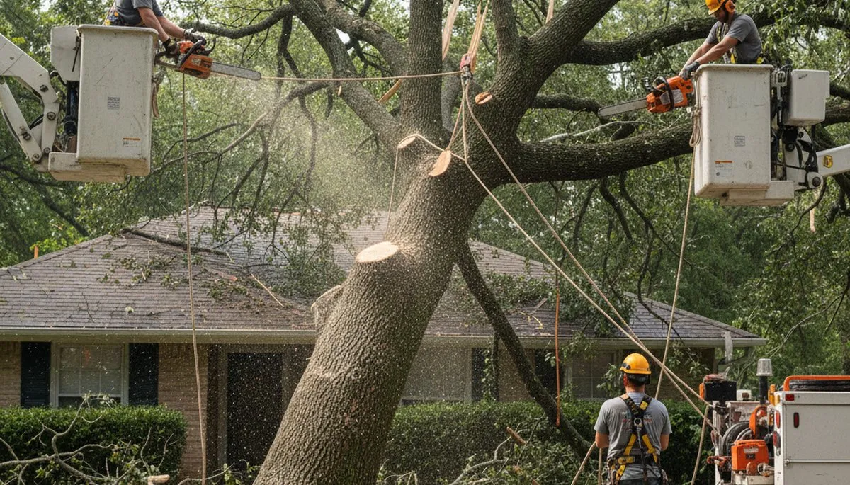 Andover, MA arborist removing storm-damaged tree for emergency tree service