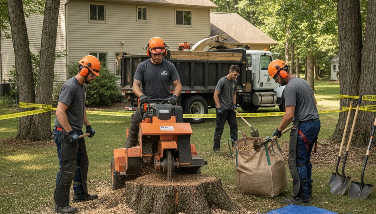 Andover, MA stump removal service clearing a tree stump from a lawn area